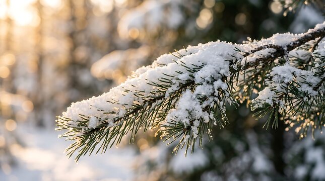 Snow covered pine tree branch illuminated by soft golden sunlight in a winter forest setting