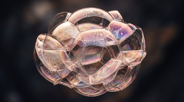 A spherical cluster of iridescent soap bubbles floating against a dark with displays iridescent patterns