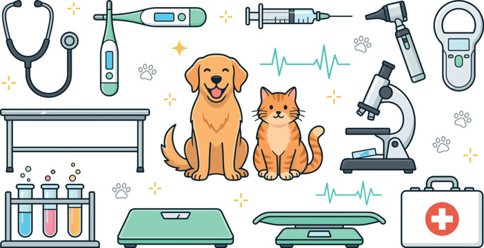 Veterinary Clinic Icon Vector Set Featuring Cute Dog and Cat with Medical Equipment Stethoscope Microscope Syringe and Pet Care Icons for Websites