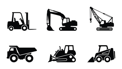 Construction vehicle silhouettes set with excavator, crane, bulldozer, dump truck, forklift and loader for industry and transport icons © Santo