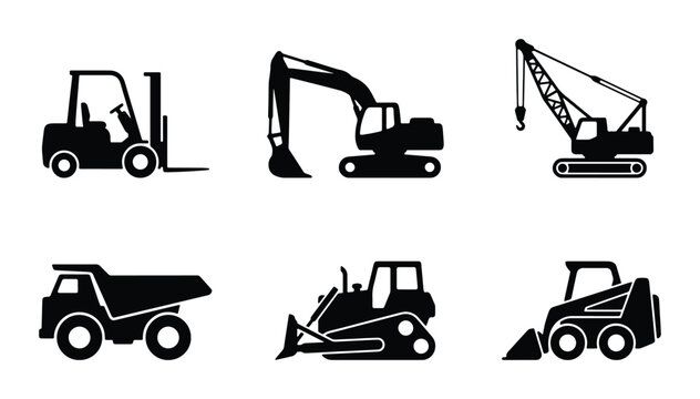 Construction vehicle silhouettes set with excavator, crane, bulldozer, dump truck, forklift and loader for industry and transport icons