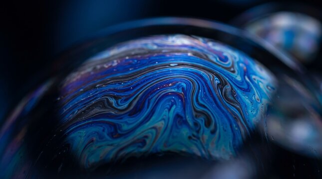 A close up view of an iridescent soap bubble surface with swirling blue liquid patterns with blue black colors