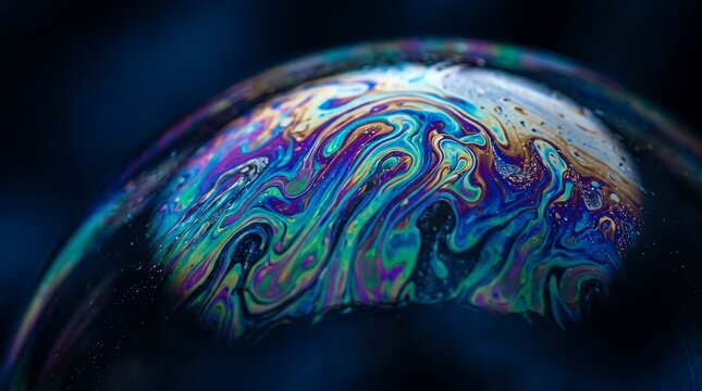 Macro close up of a soap bubble surface showing swirling iridescent colors against dark background with curved surface translucent