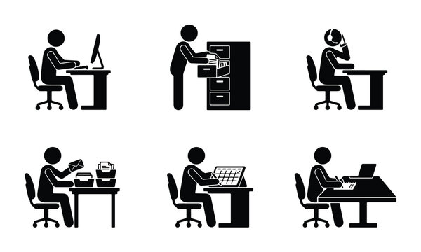 Office work silhouettes set with people using computers, filing documents and talking on phone for business