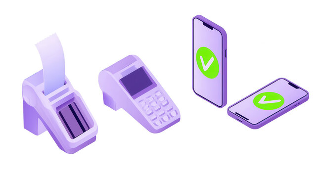 Isometric electronic payment devices and mobile approval icons for