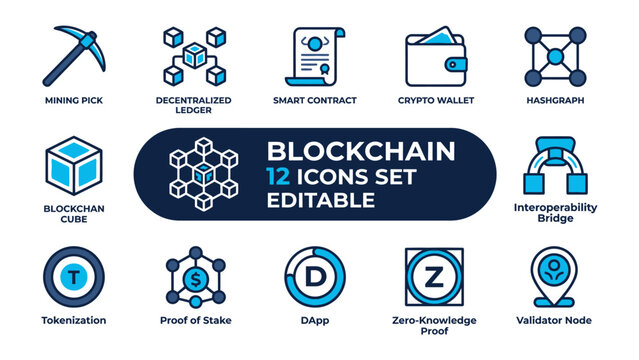 Blockchain Technology Icons: A comprehensive collection of editable icons representing various facets of blockchain technology, including mining, smart contracts, crypto wallets.