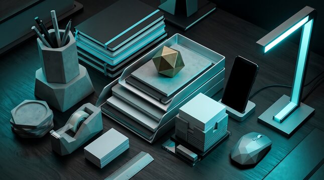 Modern geometric desk accessories and office supplies arranged on a dark wooden surface with lighting