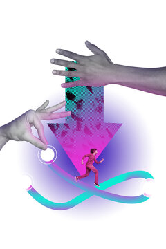 Vertical poster image collage of scared businessman run graph recession hands arrow decline crisis problem bankruptcy collapse