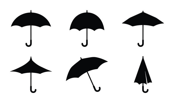 Umbrella silhouettes set with open and closed parasols for weather protection, logo and signage
