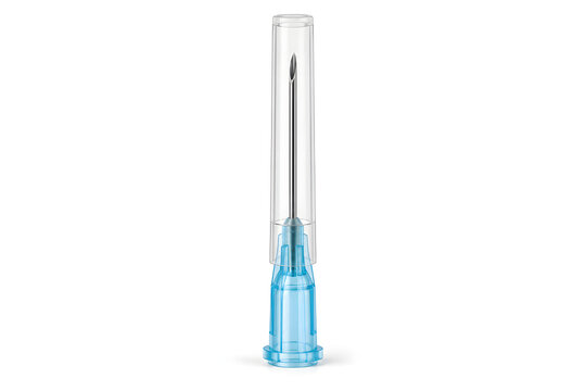 Ultra realistic stainless steel hypodermic needle with a transparent protective cap and medical connector isolated on a pure white background.
