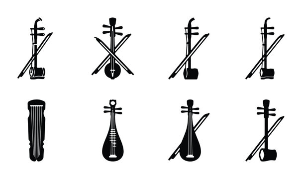 Chinese musical instruments silhouettes set with erhu, pipa, guzheng and zither for culture and music design