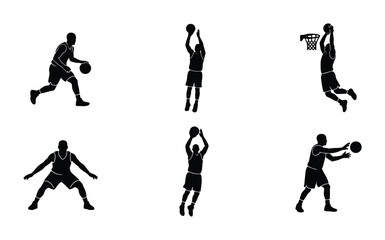 Basketball players silhouettes set with dribbling, shooting and dunking actions for sports apps © Hamida