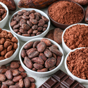 Raw cocoa beans and cocoa powder in bowls with dark chocolate pieces