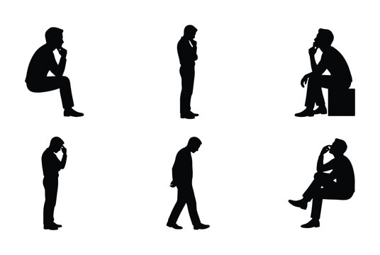 Thinking man silhouettes set with poses of contemplation and thought for business or lifestyle concepts
