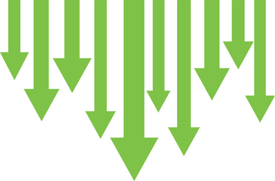 multiple bright green arrows pointing downward of varying lengths isolated on a white background