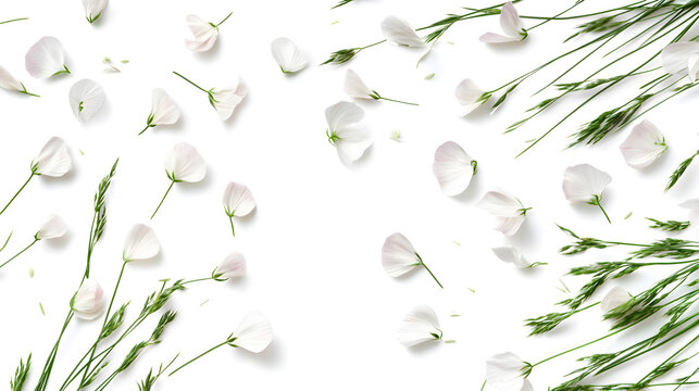 Scattered white flower petals and grass stems on plain background isolated arrangement with scattered freely floraldecoration floatingpetals natureinspired whitenatural with botanicalart