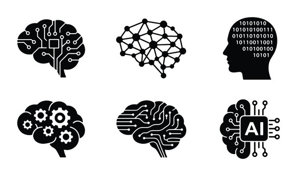Brain silhouettes set with circuit board, AI chip, gears, network and binary code for technology and intelligence concepts