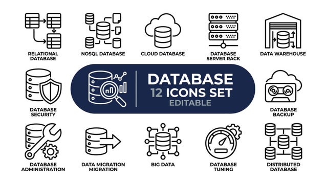 Database Icon Set: A collection of 12 editable icons representing various database concepts, including relational, NoSQL, cloud, server rack, data warehouse, security, backup, administration.