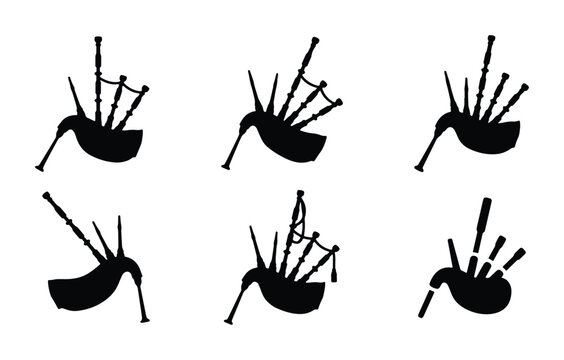 Bagpipe silhouettes set with musical instruments, Scottish culture and folk music