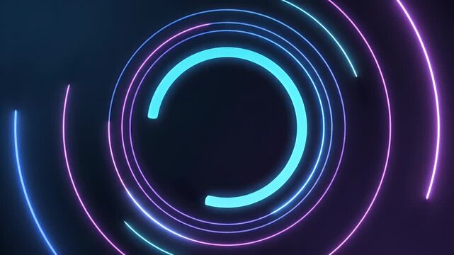 Multiple glowing concentric circular arcs and partial neon rings floating against a deep midnight-blue background