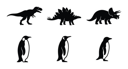 Dinosaur and penguin silhouettes set with T-Rex, Stegosaurus, Triceratops and penguins for wildlife or zoo graphics © Fahinkhan