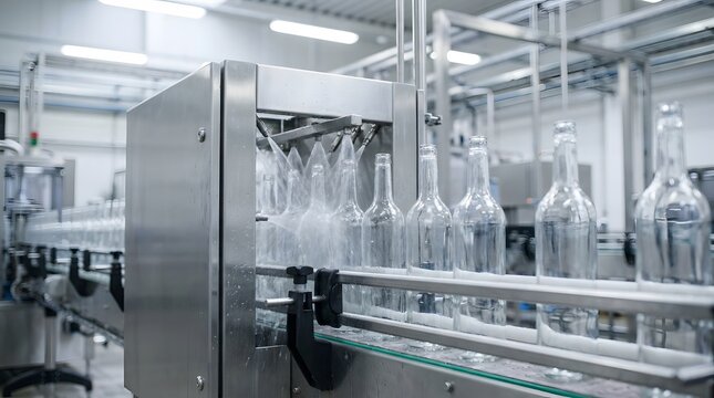 Empty glass bottles on industrial stainless steel conveyor belt