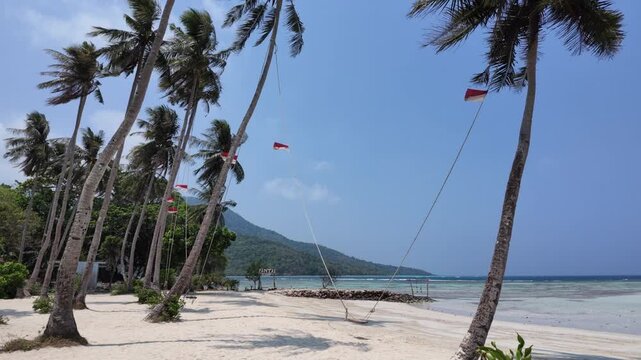 scenic tropical beach landscape with palm trees on sand shore, blue sky, peaceful island vacation atmosphere, summer holiday travel destination, relaxation and coastal paradise scenery
