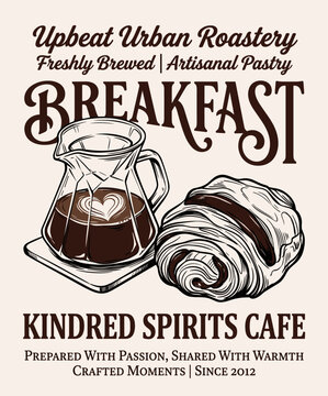 Breakfast cafe design. Coffee and pastry sketch. Vintage urban roastery artwork.