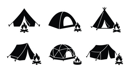Camping tent and campfire silhouettes set with various shelters for outdoor leisure, travel and adventure © Kazol