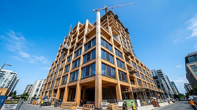 Construction of a modern wooden clt highrise building