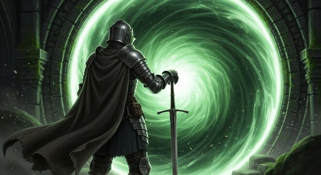 Knight Standing Before a Magical Green Portal