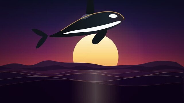 Minimalist orca whale silhouette jumping at sunset over dark ocean