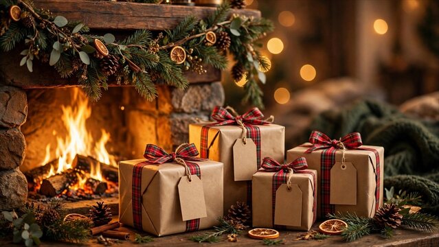 Christmas gifts in kraft paper with plaid ribbon and blank tags by a cozy fireplace with pine garland and warm firelight