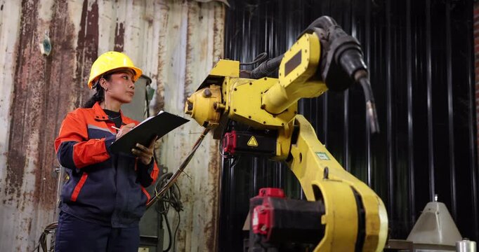 Female technician wearing a yellow hard hat and workwear inspects an industrial robotic arm while holding a clipboard. 