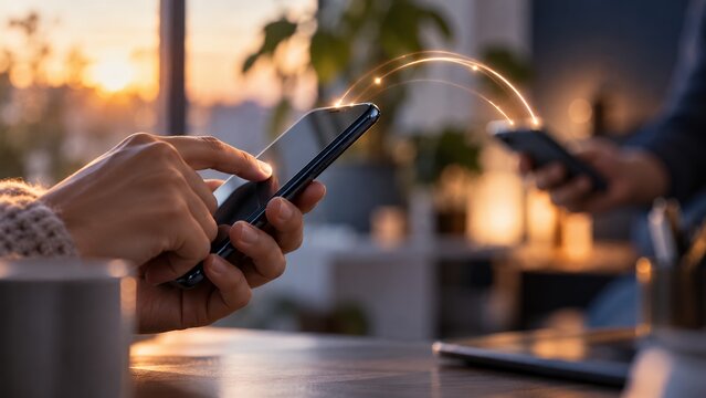 Peer to Peer Mobile Payment at Sunset
