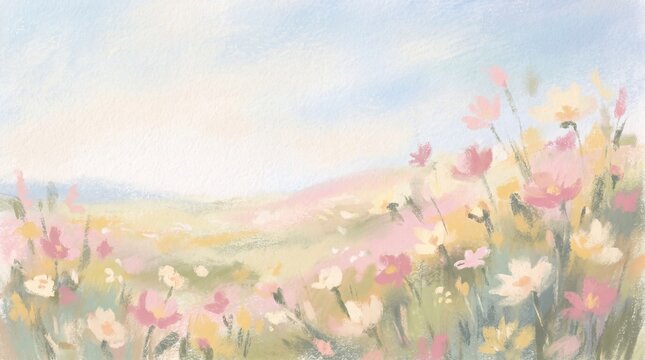 Watercolor wildflower meadow painting, pastel floral landscape background, soft impressionist spring flower nature artwork