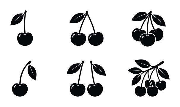 Cherry silhouettes set with single fruits and branches for food and drink logos