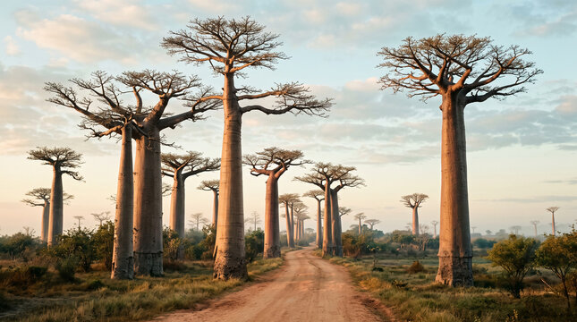baobab trees lining earth road in madagascar at sunset