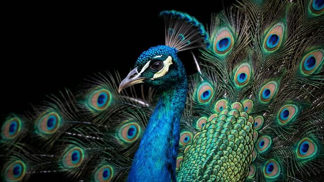 peacock close up isolated on black background video