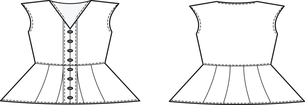 PrintFlat sketch technical drawing of a sleeveless peplum blouse with a buttoned front placket