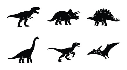 Dinosaur silhouettes set with T-Rex, Triceratops, Stegosaurus, Brontosaurus, Raptor and Pterodactyl for prehistoric themes © Muhib
