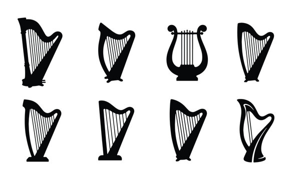 Harp silhouettes set with lyre and various string instruments for music design