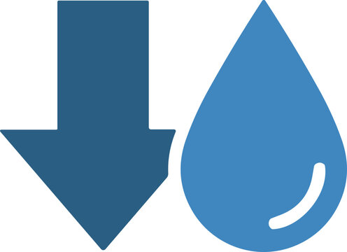 Water drop icon with downward arrow symbolizing water conservation and reduced consumption for commercial use