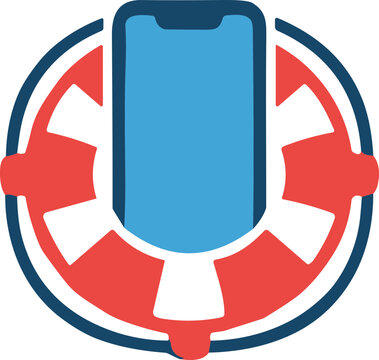 Smartphone protection icon featuring mobile device inside a lifebuoy for emergency support for commercial use