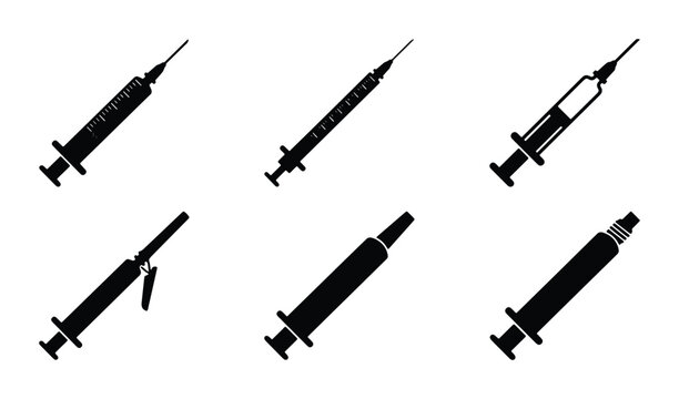 Syringe silhouettes set with medical injectors and needles for healthcare and vaccination