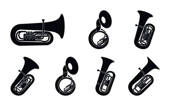 Tuba silhouettes set with sousaphone and concert tuba for brass band music