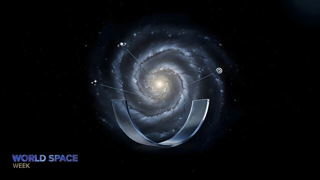 World space week concept with a spiral galaxy and metallic orbit ring