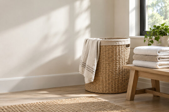 Natural laundry hamper with folded towels in sunlit room