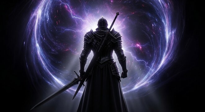 Silhouette of Armored Knight Standing Before a Magical Cosmic Portal