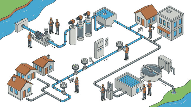 Diagram illustrating the process of water purification and distribution to residential and commercial buildings.